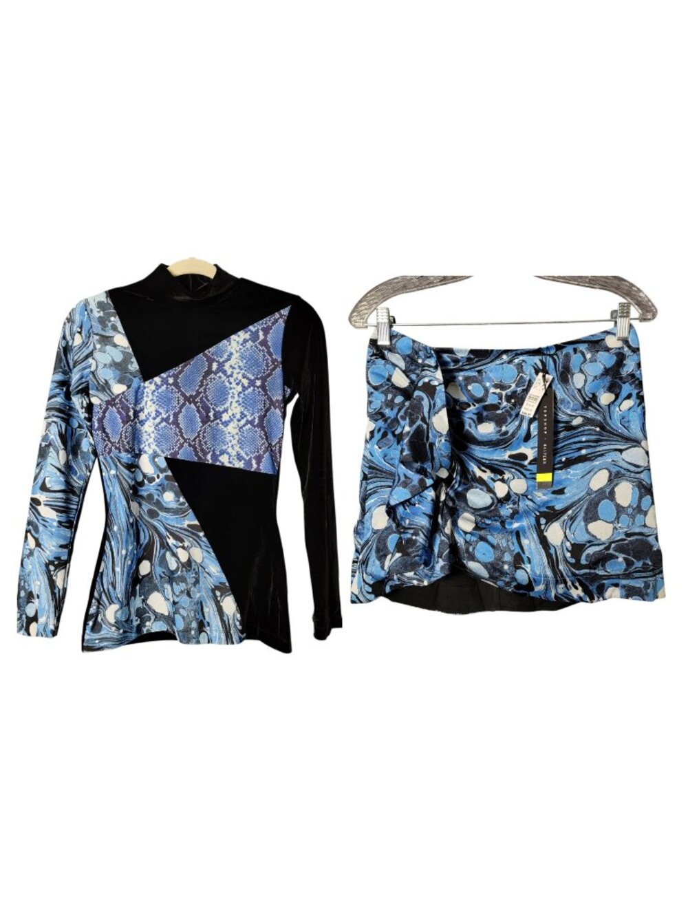 Top Shop X Halpern Womens Blue Black Marble Snake Velvet Top Skirt Set Size 4